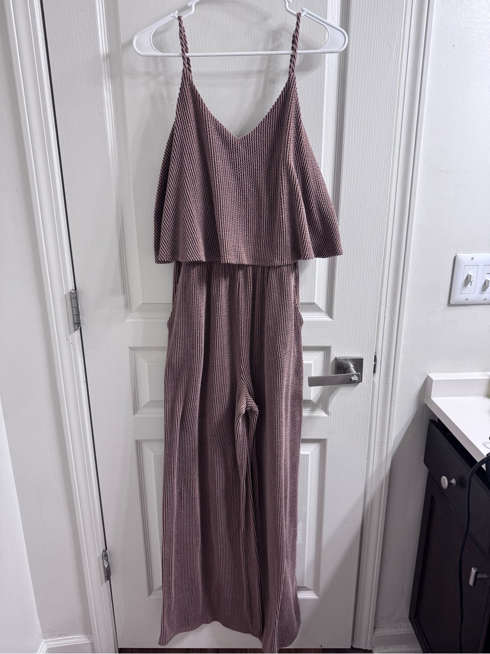 Lizard Thicket Brown Textured Spaghetti-Strap Wide-Leg Jumpsuit